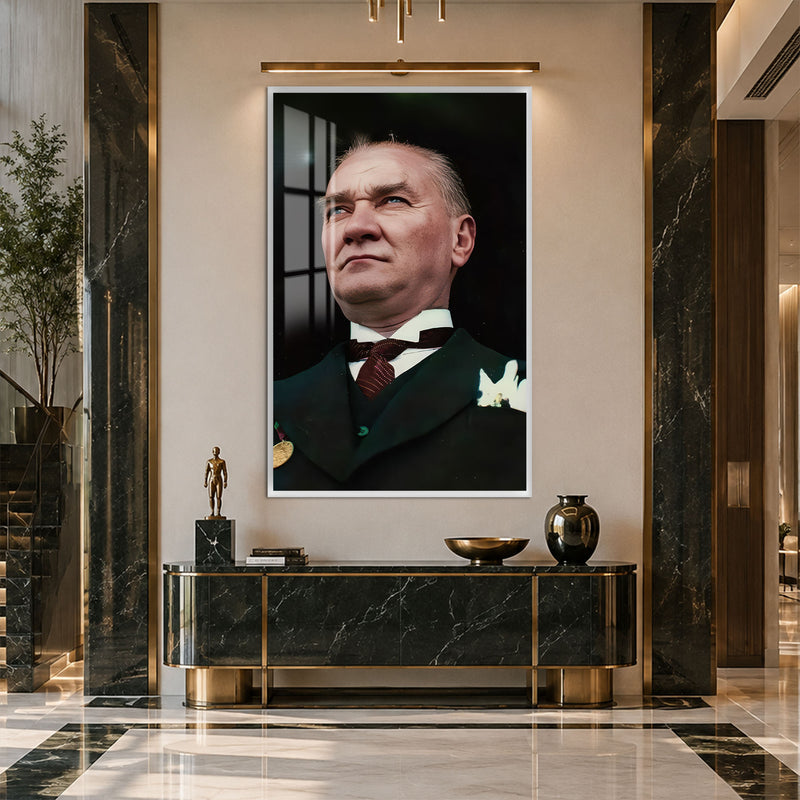 Gururlu Bakışlı Atatürk Cam Tablo – Beyaz Çerçeveli