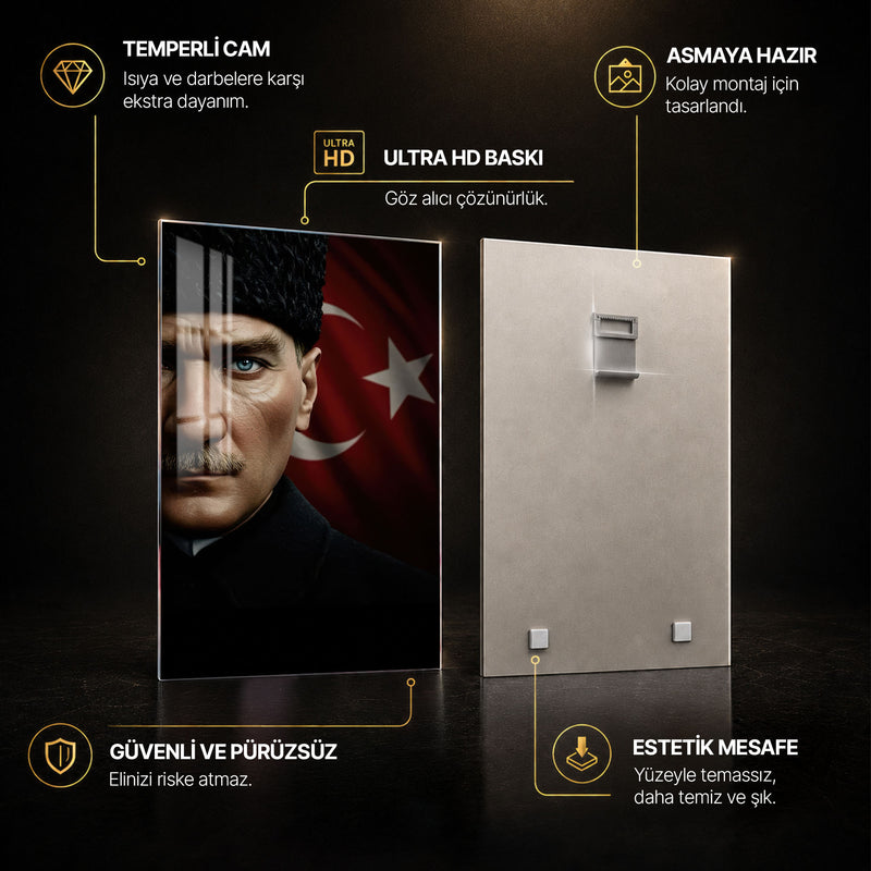 Yarım Yüz Bayraklı Atatürk Cam Tablo