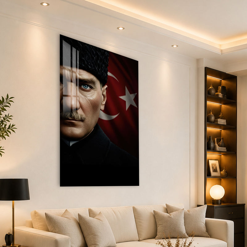 Yarım Yüz Bayraklı Atatürk Cam Tablo