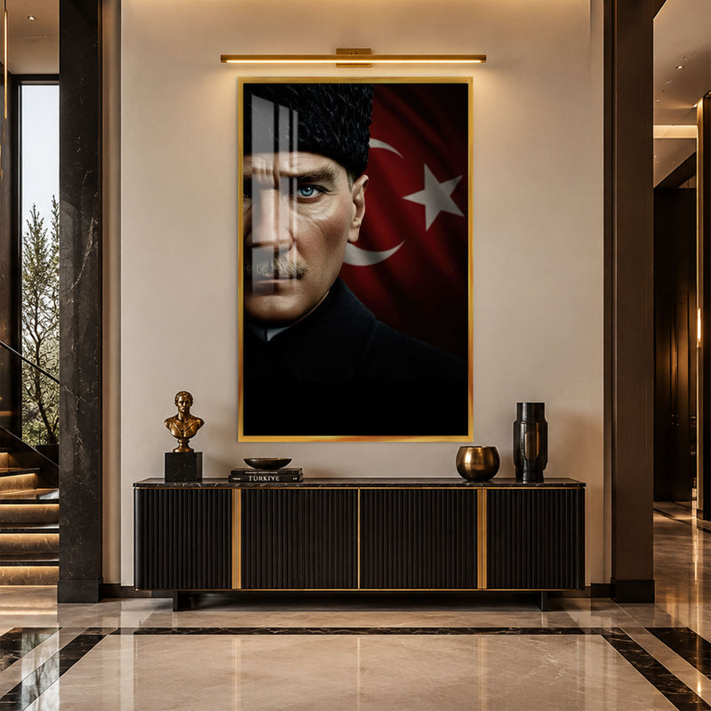 Yarım Yüz Bayraklı Atatürk Cam Tablo – Altın Çerçeveli