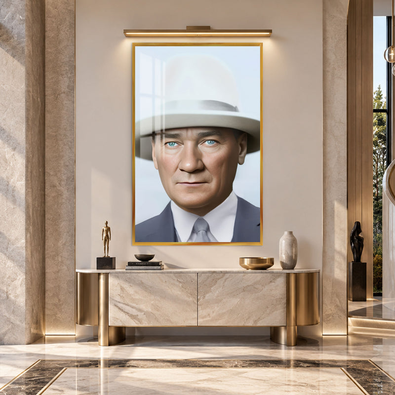 Şapkalı Atatürk Cam Tablo – Altın Çerçeveli