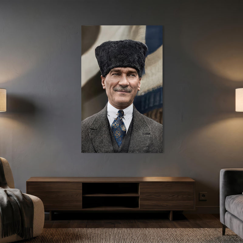 Çerçevesiz Kalpak Atatürk Portre Dikey Cam Tablo