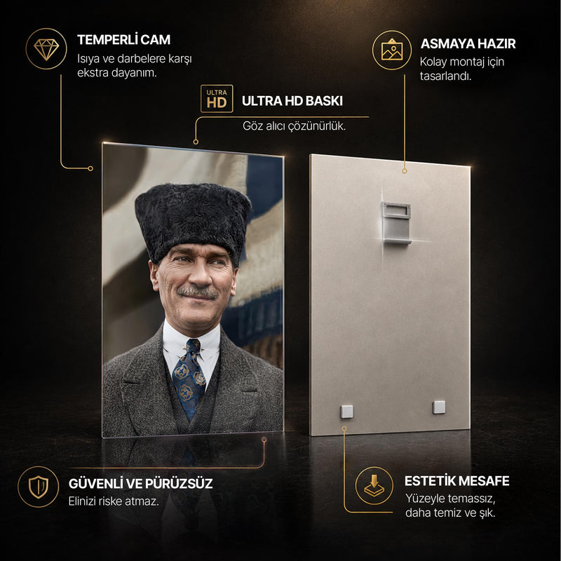 Kalpak Atatürk Portre Dikey Cam Tablo Ortam Görseli