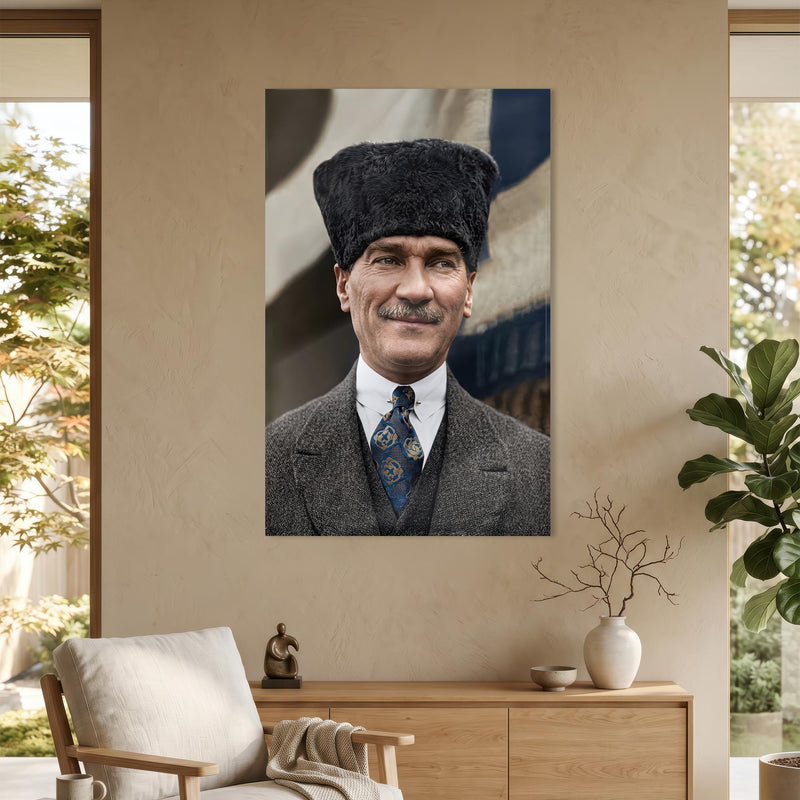 Kalpak Atatürk Portre Dikey Cam Tablo Ortam Görseli