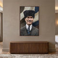 Ceviz Çerçeveli Kalpak Atatürk Portre Dikey Cam Tablo