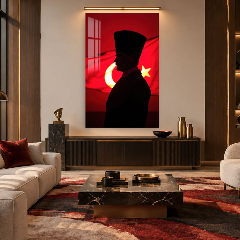 Kızıl Bayrakta Siluet Atatürk Cam Tablo