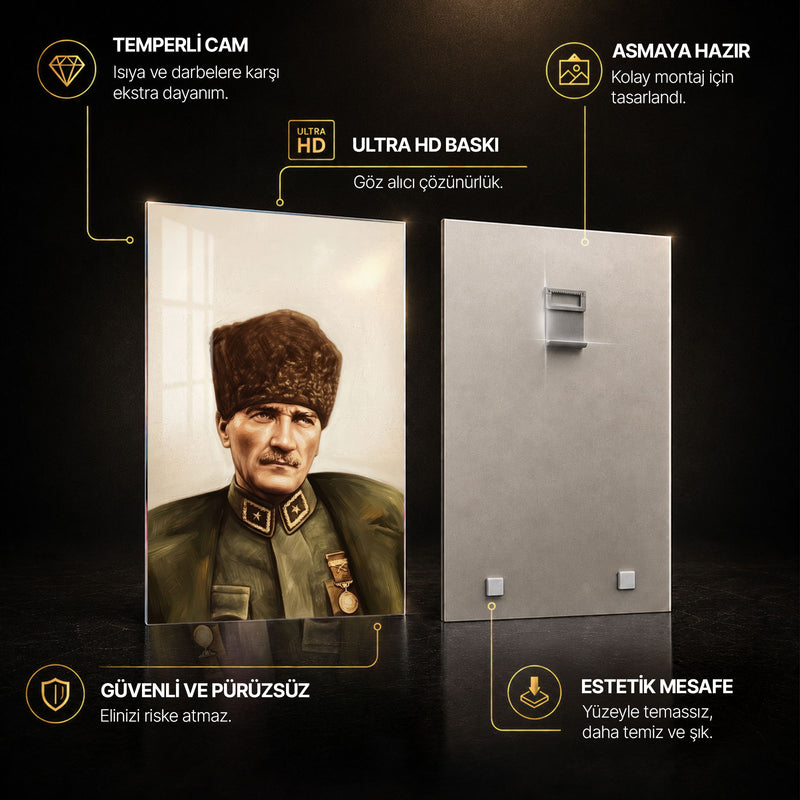 Yağlıboya Kalpaklı Atatürk Cam Tablo