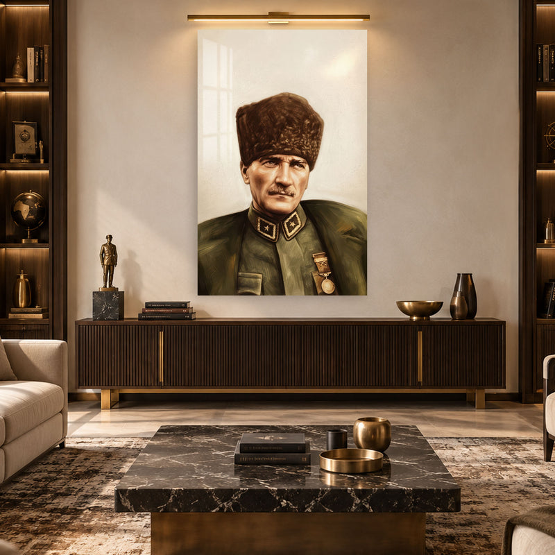 Yağlıboya Kalpaklı Atatürk Cam Tablo