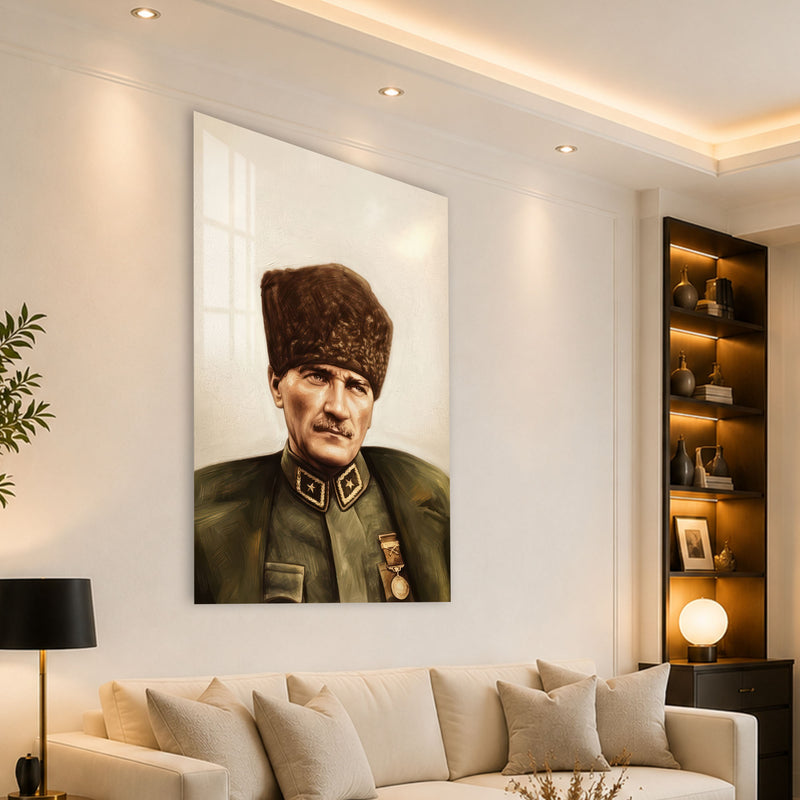 Yağlıboya Kalpaklı Atatürk Cam Tablo