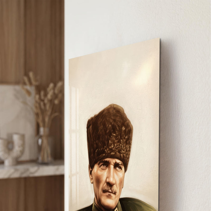 Yağlıboya Kalpaklı Atatürk Cam Tablo