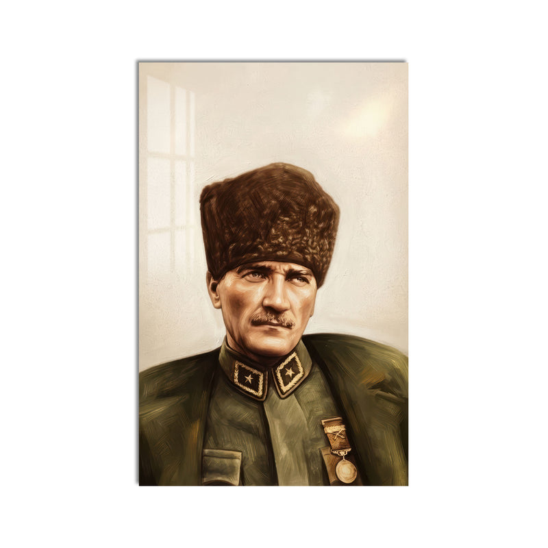 Yağlıboya Kalpaklı Atatürk Cam Tablo