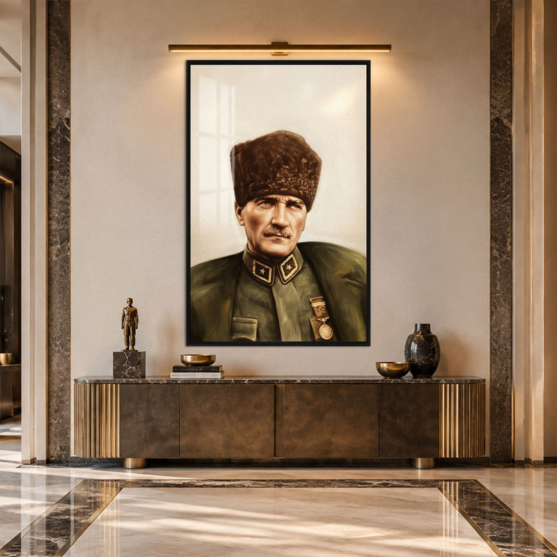 Yağlıboya Kalpaklı Atatürk Cam Tablo – Siyah Çerçeveli