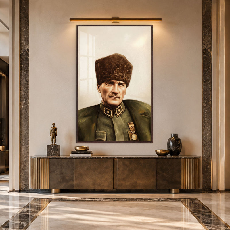Yağlıboya Kalpaklı Atatürk Cam Tablo – Ceviz Çerçeveli