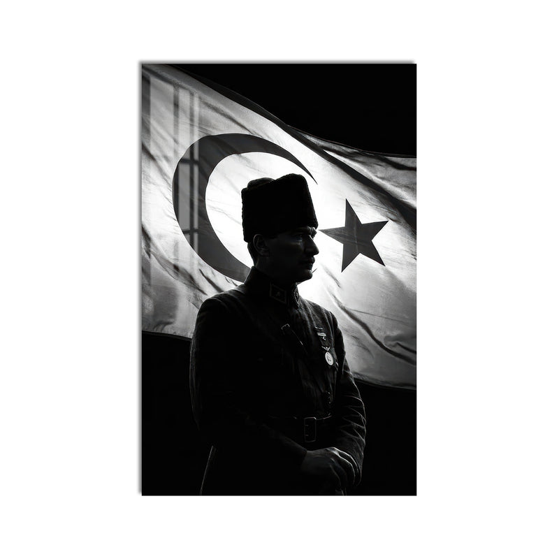 Siyah Beyaz Siluet Atatürk Cam Tablo