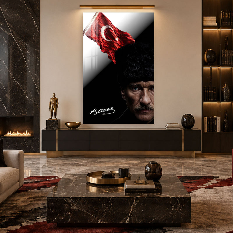 İmzalı Bayraklı Atatürk Cam Tablo