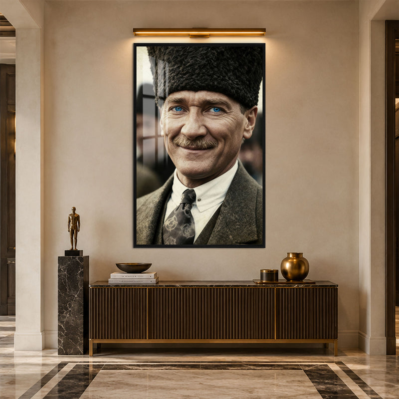 Gülümseyen Atatürk Cam Tablo – Siyah Çerçeveli