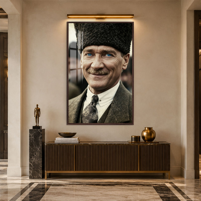 Gülümseyen Atatürk Cam Tablo – Ceviz Çerçeveli
