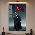 Palto ve Bayrakla Atatürk Cam Tablo