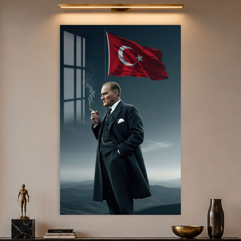 Palto ve Bayrakla Atatürk Cam Tablo
