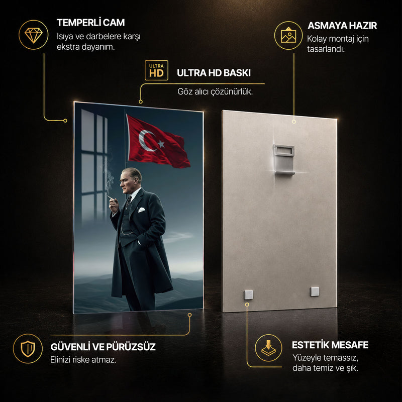 Palto ve Bayrakla Atatürk Cam Tablo