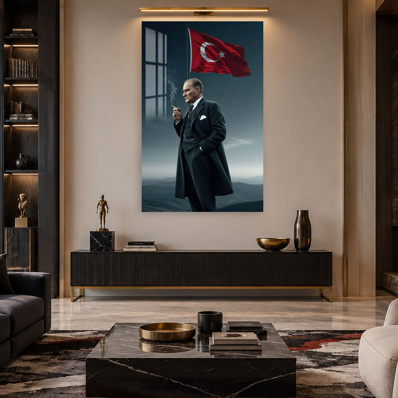 Palto ve Bayrakla Atatürk Cam Tablo