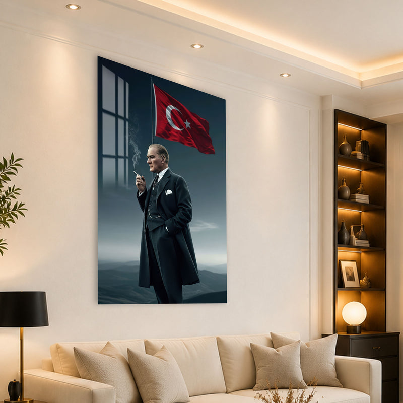 Palto ve Bayrakla Atatürk Cam Tablo