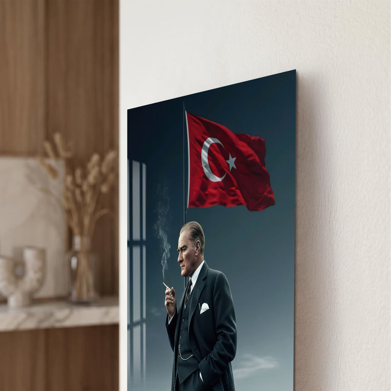 Palto ve Bayrakla Atatürk Cam Tablo