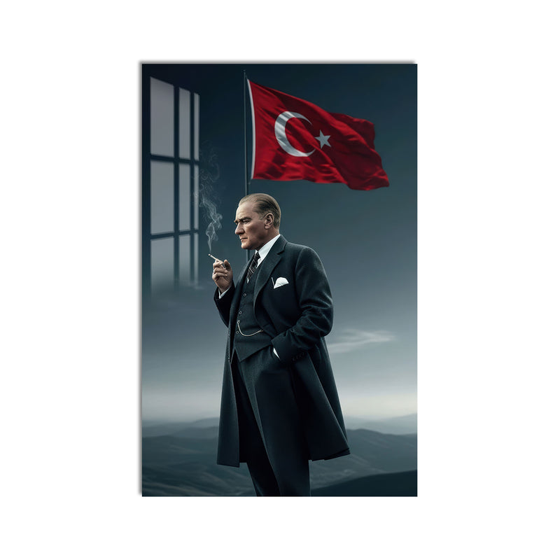 Palto ve Bayrakla Atatürk Cam Tablo