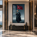 Palto ve Bayrakla Atatürk Cam Tablo – Siyah Çerçeveli