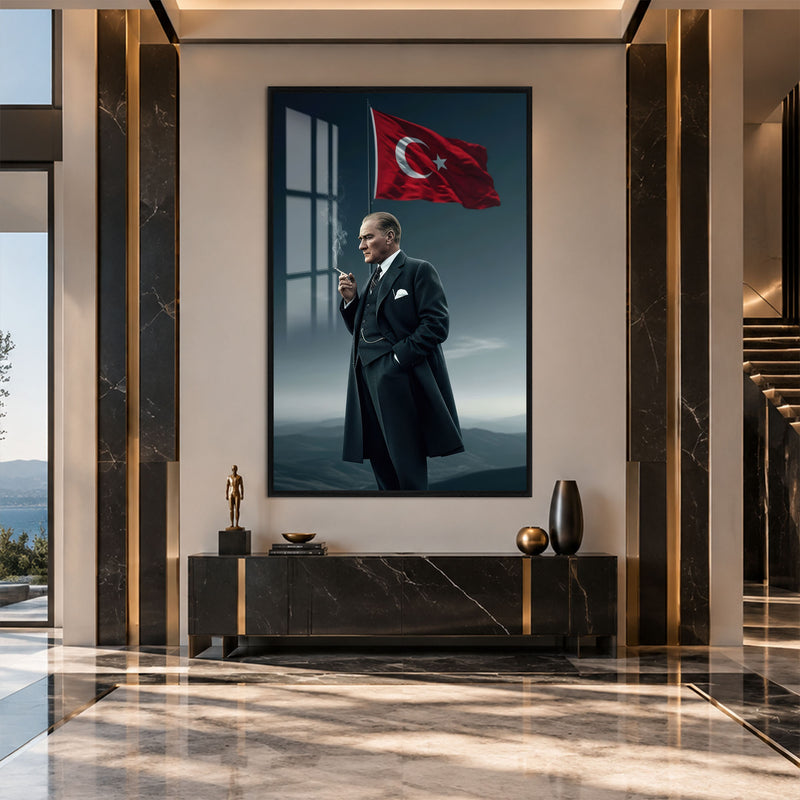 Palto ve Bayrakla Atatürk Cam Tablo – Siyah Çerçeveli