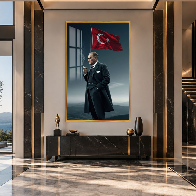 Palto ve Bayrakla Atatürk Cam Tablo – Altın Çerçeveli