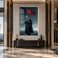 Palto ve Bayrakla Atatürk Cam Tablo – Gümüş Çerçeveli