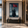 Palto ve Bayrakla Atatürk Cam Tablo – Ceviz Çerçeveli