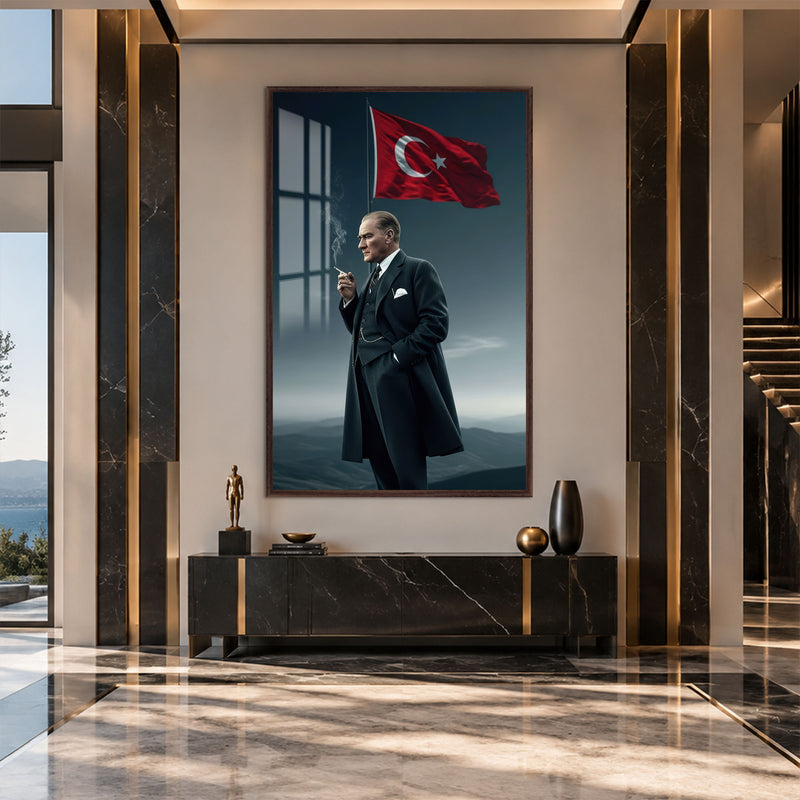 Palto ve Bayrakla Atatürk Cam Tablo – Ceviz Çerçeveli
