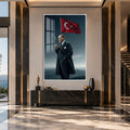 Palto ve Bayrakla Atatürk Cam Tablo – Beyaz Çerçeveli