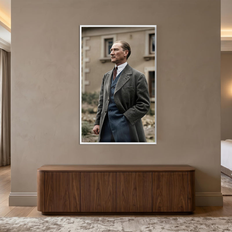 Beyaz Çerçeveli Palto Atatürk Portre Cam Tablo