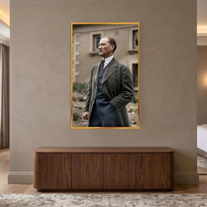 Altın Çerçeveli Palto Atatürk Portre Cam Tablo