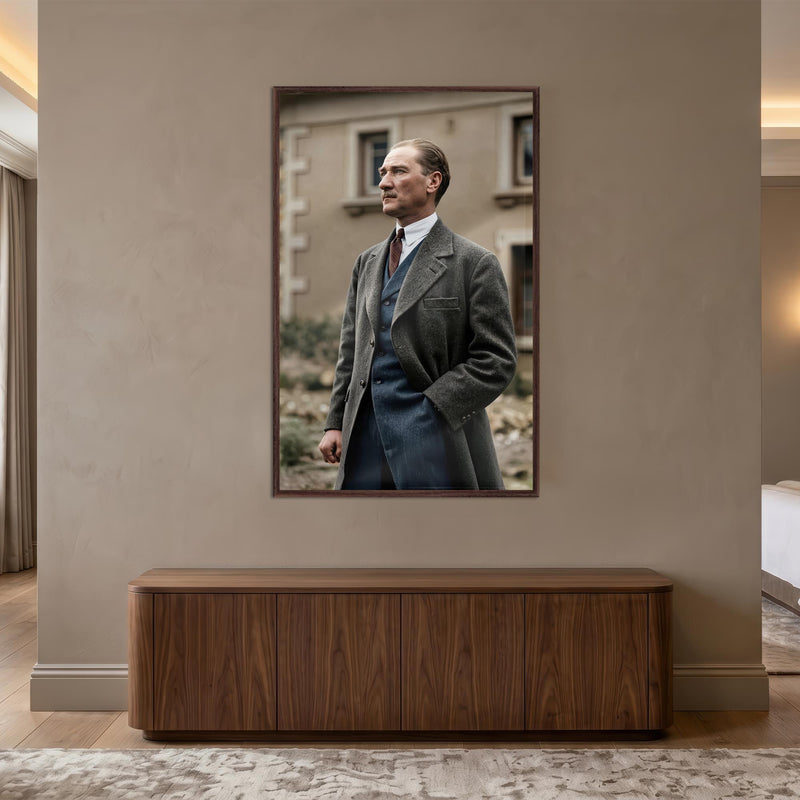 Ceviz Çerçeveli Palto Atatürk Portre Cam Tablo