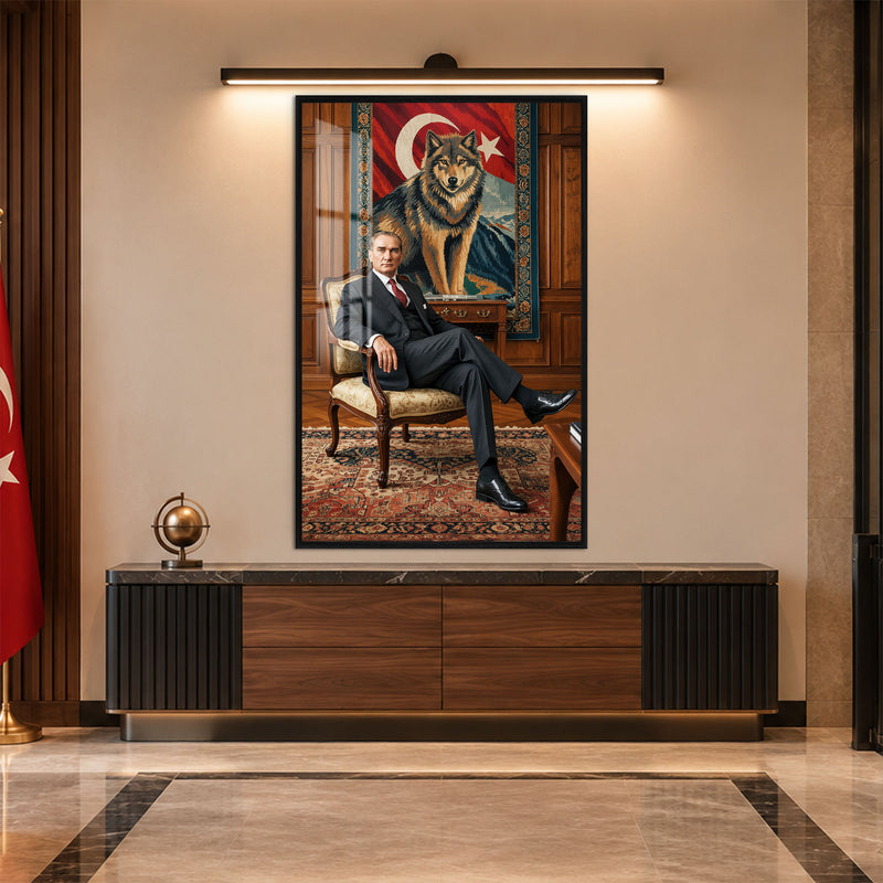 Halı Önünde Atatürk Cam Tablo – Siyah Çerçeveli