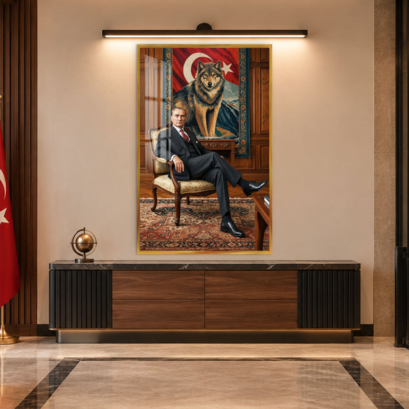 Halı Önünde Atatürk Cam Tablo – Altın Çerçeveli