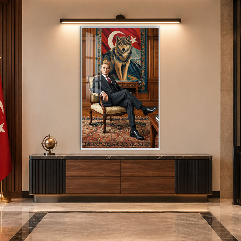 Halı Önünde Atatürk Cam Tablo – Beyaz Çerçeveli