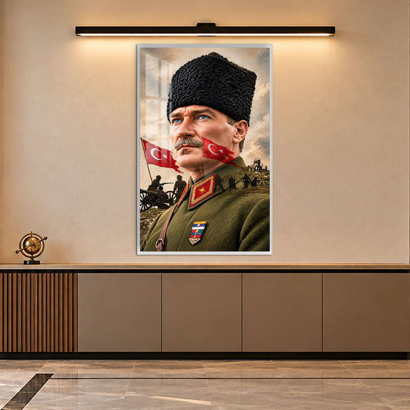 Cephede Atatürk Cam Tablo – Beyaz Çerçeveli