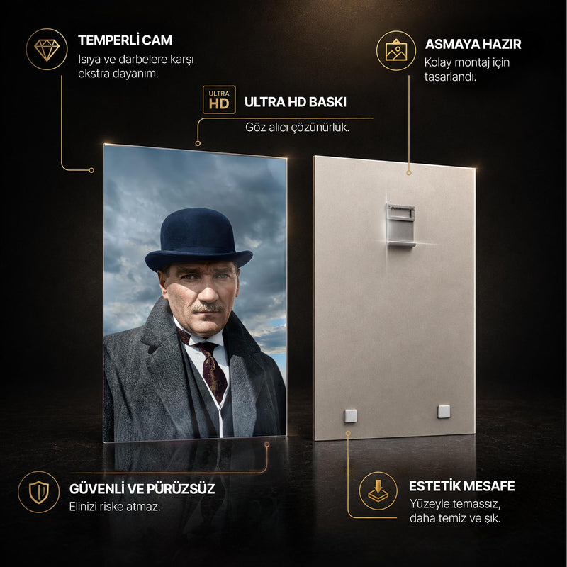 Melon Şapka Atatürk Portre Cam Tablo Ortam Görseli