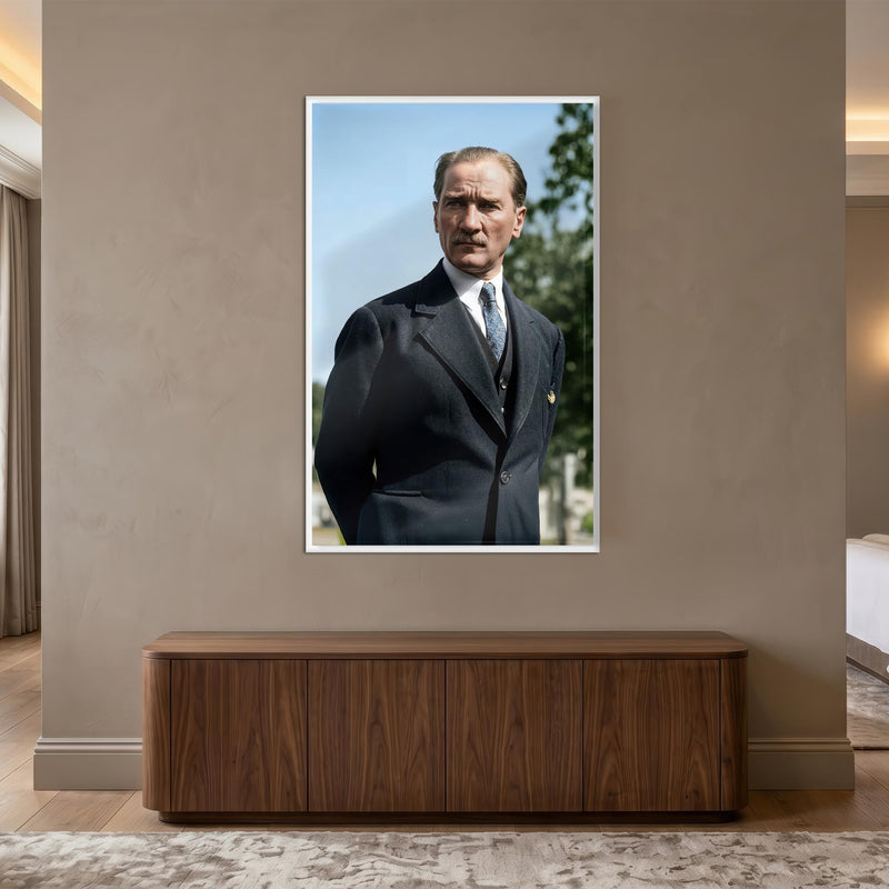 Beyaz Çerçeveli Lacivert Takım Atatürk Portre Cam Tablo