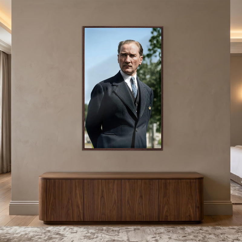 Ceviz Çerçeveli Lacivert Takım Atatürk Portre Cam Tablo