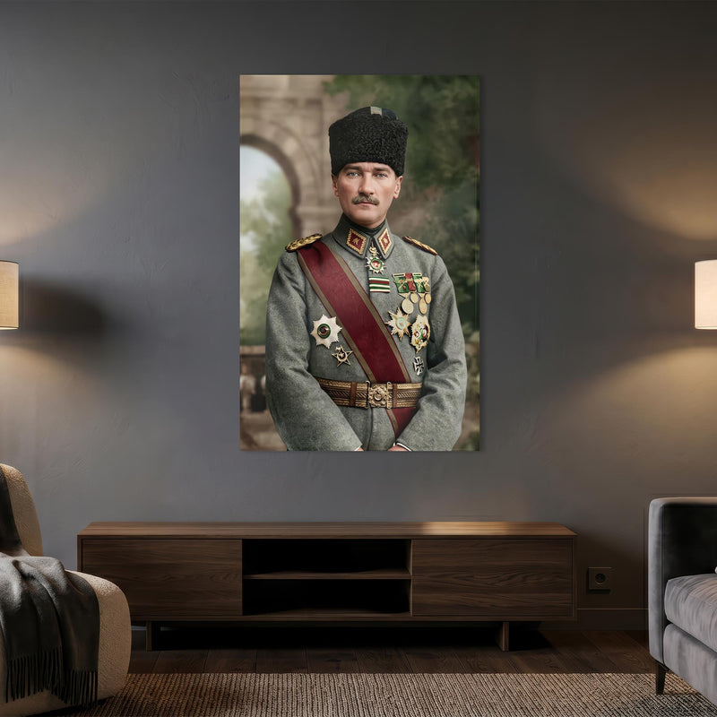 Çerçevesiz Madalyalı Atatürk Askeri Portre Cam Tablo