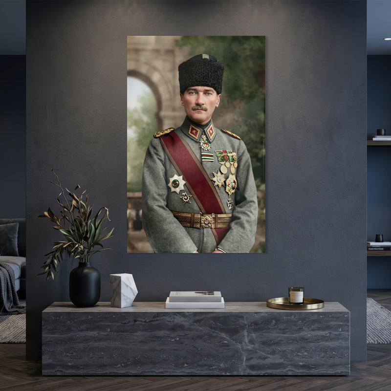 Madalyalı Atatürk Askeri Portre Cam Tablo Ortam Görseli