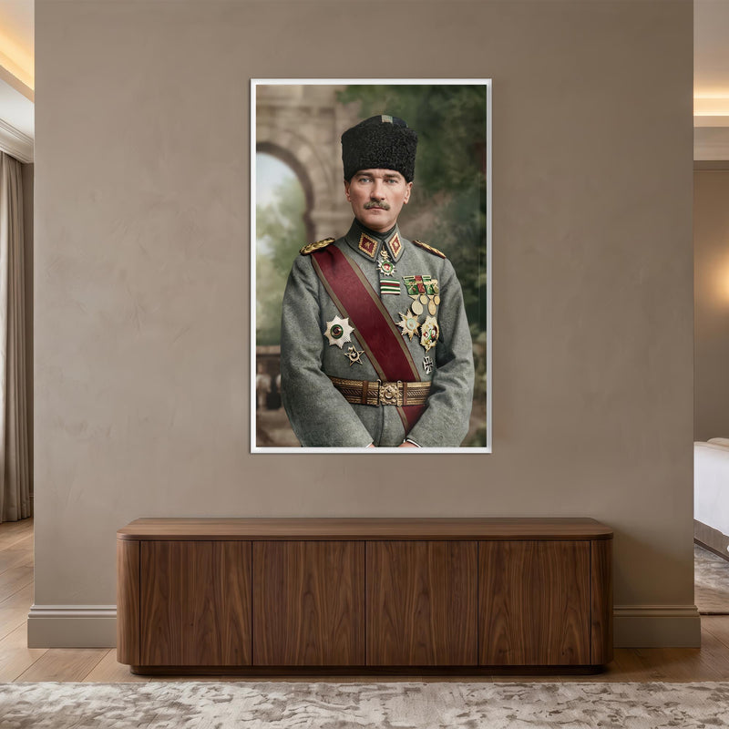 Beyaz Çerçeveli Madalyalı Atatürk Askeri Portre Cam Tablo