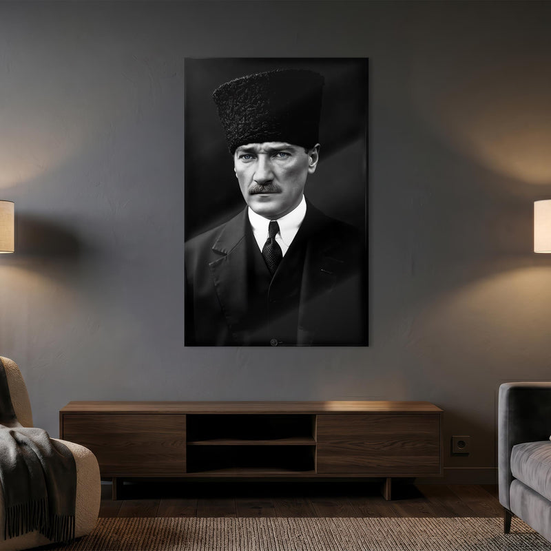 Çerçevesiz Siyah Beyaz Atatürk Kalpak Cam Tablo