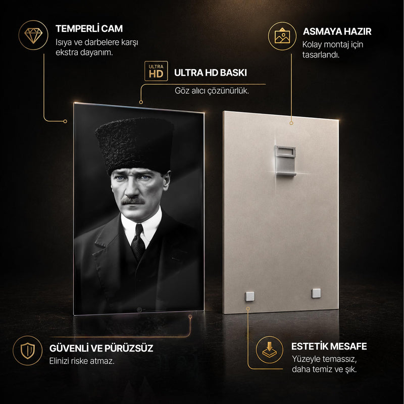 Siyah Beyaz Atatürk Kalpak Cam Tablo Ortam Görseli